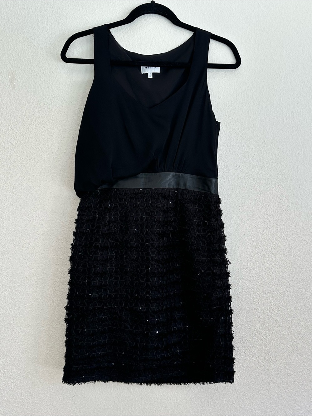 Milly Black Sleeveless Silk, Leather & Lace Skirt Cocktail Dress Size 6